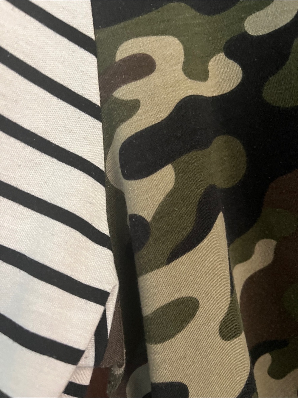 LuLaRoe Camouflage Tunic with Black-and-White Striped Sleeves - Picture 2 of 5